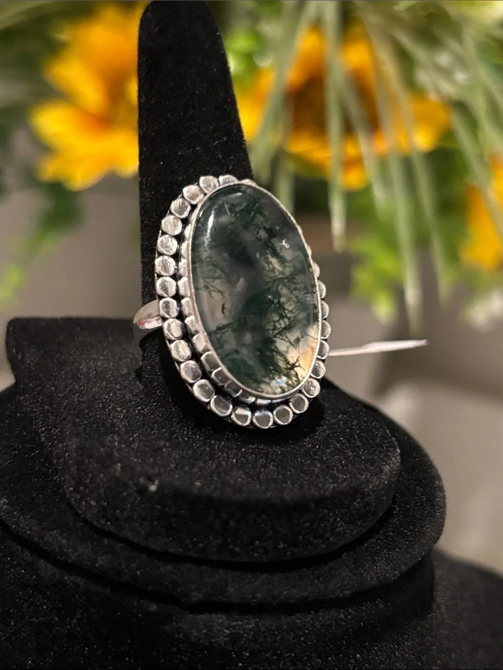 Sterling Silver Moss Agate Oval Statement Ring Size 8